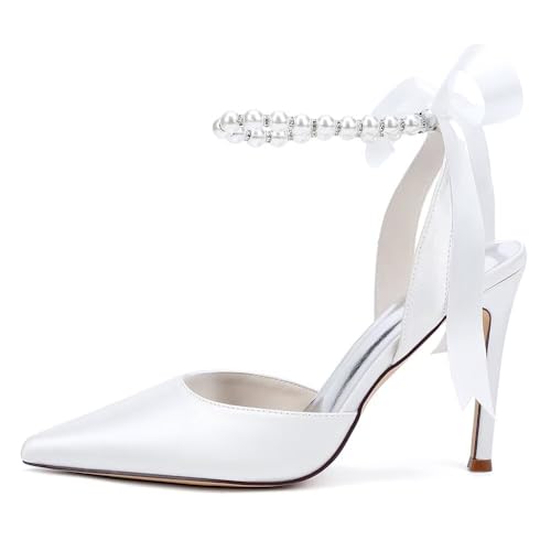 Women's Pearl Wedding Shoes for Bride Slingback Heels for Women Satin Pointy Toe Bridal Stiletto Pumps4