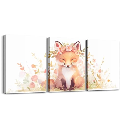 Tableau renard mignon et fleurs roses lot de 3 toiles Manfei pour créer un cocon poétique unique