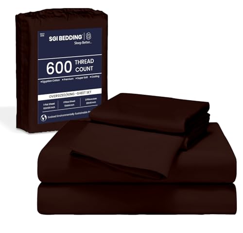 Image of SGI bedding 144 inch W x 84 inch L 4Pc Family XL Sheet Set 100% Egyptian Cotton - 600 Thread Count, Fits 18 inch Deep Pocket - Soft Breathable Oversized Sheets, for Extra Large Beds - Chocolate