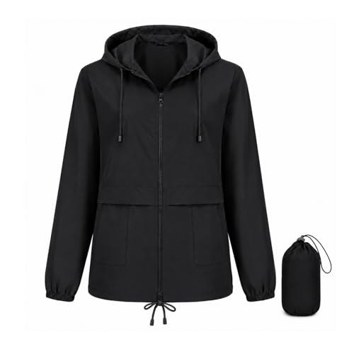 Image of NWDEY Women's Lightweight Waterproof Jacket Ladies Packable Raincoat Hooded Windproof Rain Jacket Coat for Outdoor Travel (UK, Alpha, M, Regular, Regular, Black)