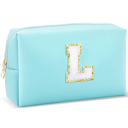 URSKYTOUS Gifts for Girls Initial Makeup Bag Personalized Cosmetic Bag with Zipper Cute Travel Toiletry Bag Waterproof PU Preppy Makeup Pouch Birthday Gift for Teen Girls Women(Blue L)