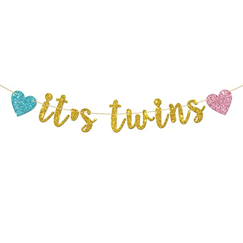 It's Twins Banner - Gold Glitter Baby Shower Bunting Gender Reveal Party for Babies Twins Decorations Supplies
