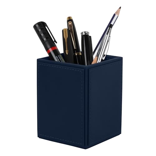 Image of V-CUBE DESIGNS Premium Vegan Leather Pen Holder for Desk & Study Table Accessory | Marker /Pencil Stand for Student | Stationery Organizer for Office Table & Home | 6mm Thickness with MDF Core | Blue
