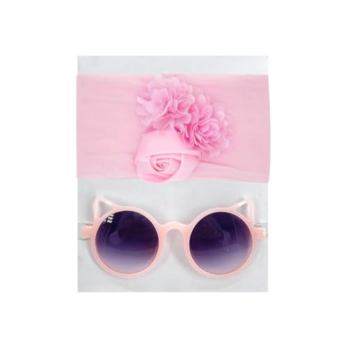 Image of SYGA Baby Rose Flower Stretchable Headband With Uv Protection Cat Type Sunglasses Stylish Combo For Toddlers And Kids (Pink)
