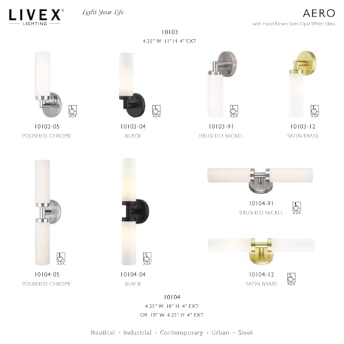 Image of Livex Lighting 10103-04 Aero Collection ADA 1-Light Wall Sconce Light with Satin Opal White Glass Cylinder Shade, Black, 4.25 x 11