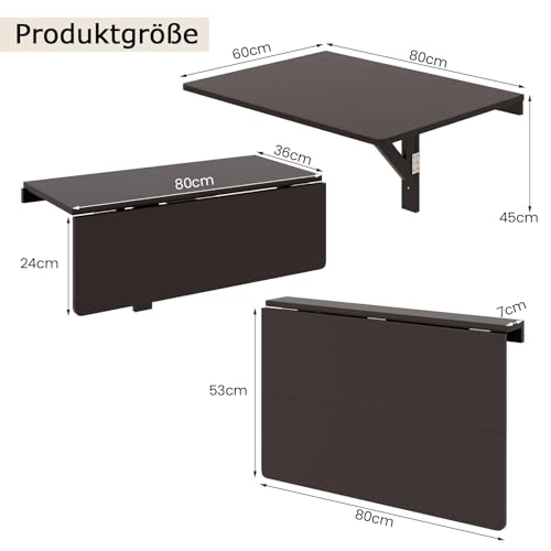 FANTASK klappbarer Wandtisch, Wandmontierter Klapptisch, 80 x 60 cm, platzsparender Küchentisch Wandklapptisch für Küche, Esszimmer & Arbeitszimmer (Braun)
