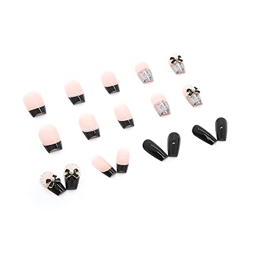 24Pcs Artificial Acrylic Fake Nails With Black Bow Pearl Designs, Press On Nails Square Medium Length, Full Cover Reusable Coffin False Nails, Women Glue On Nails Set, Stick On Nails For Nail Art #TOP3