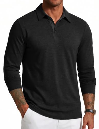 COOFANDY Polo Long Sleeve Shirts for Men Button Work T Shirts V Neck Golf Tshirts Vacation Athletic Tops A Black