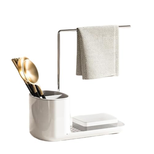 Minicoco 3 in 1 Sink Caddy Kitchen Sink Organiser White Sink Tidy Caddy Sponge Holder for Sink Tidy with Removable Drip Tray Washing up Caddy with Towel Holder for Kitchen Storage & Organisation