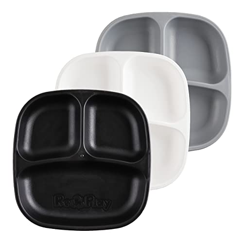 Re Play 7" Divided Toddler 3 Pack Plates With Deep Sides And Three Compartments For Easy Self Feeding | Bpa Free | Dishwasher Safe | Monochrome #TOP16