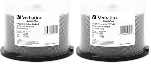 Image of Verbatim DVD-R Blank Discs 4.7GB 16X DataLifePlus White Inkjet Printable Recordable Disc Hub Printable - 50pk Spindle 95079 (Pack of 2)