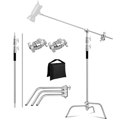 MSKIRA Stainless Steel C-Stand with Boom Arm Max Height 10.8ft/330cm Heavy Duty Photography Light Stand with 50.3''/128cm Holding Arm, 2 Grip Head, Sand Bag for Photo Studio Video, Softboxes