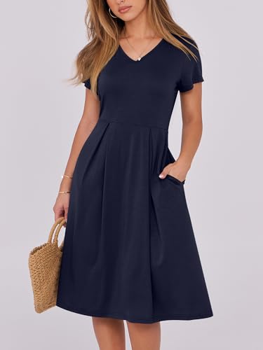 Image of ANRABESS Women Summer Dress Casual Short Sleeve V Neck A-Line Knee Length Pleated Flowy 2026 Fashion Midi Dresses with Pocket