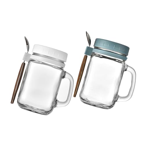 TEHAUX 2セット 密閉蓋付きガラス燕麦カップ 白 灰 スプーン付 ポータブルヨーグルトオーバーナイトオーツ容器 キッチンサプライ ミルクテ