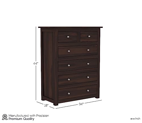 Image of Credenza Sheesham Wood Chest of Drawers 6 Drawer Storage Sideboard, Contemporary Bedroom Hall Home Office Furniture, Kitchen Cabinet, Sleek and Modern Chest of Drawers, Walnut Finish - Preassembled