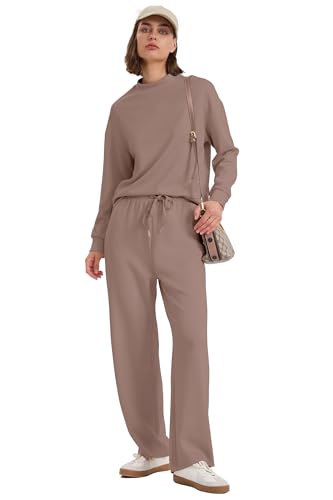 Image of WIHOLL Two Piece Sets for Women Fall Outfits Lounge Sets Mock Neck Tops Wide Leg Pants Vacation Travel Airport Outfits