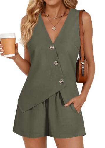 Lazysmile Women's Summer Linen 2 Piece Shorts Sets Casual Matching Outfits - image 1
