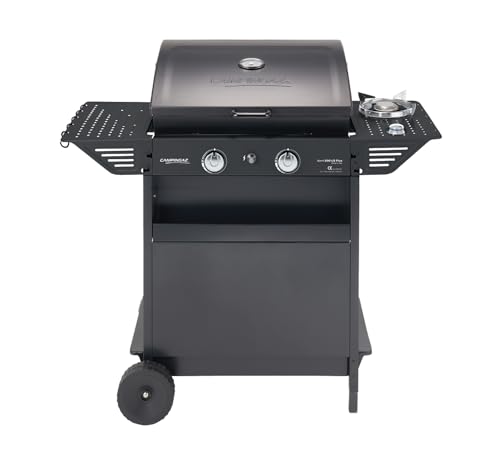 Campingaz Xpert 200 LS Plus Rocky Barbacoa Gas Piedra Volcanica, Parrilla Gas con 2 Quemadores Compactos, 8.2 KW de Potencia, 2 Parrillas de Hierro Fundido, 2 Mesas Laterales y Carro de Acero