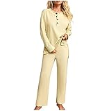 2-teiliges Outfit-Set für Damen, Langarm-Knopf-Strickpullover, Pullover, Oberteil und Hose mit weitem Bein, Trainingsanzug, solide Sport-Sets Kickboxen Hose Damen (Beige, S)