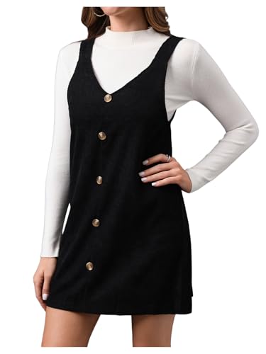 SOLY HUX Women's Button Front V Neck Corduroy Pinafore Overall Dress Sleeveless Short Dresses Pure Black Medium