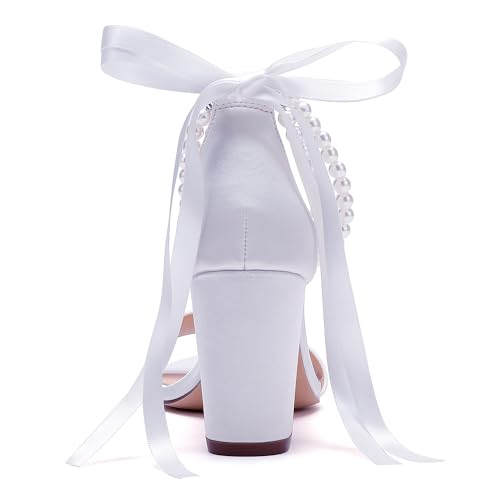 Pearl Wedding Shoes for Bride High Heels Block Heels Bridal Shoes with Bow Women Chunky Heels Sandals4