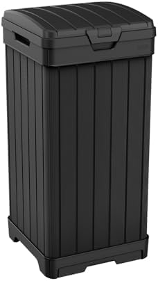 Keter Baltimore Resin 38 Gallon Outdoor Kitchen Trash Can with Lid and Drip Tray for Easy Cleaning-Perfect for Patio Dining, Black