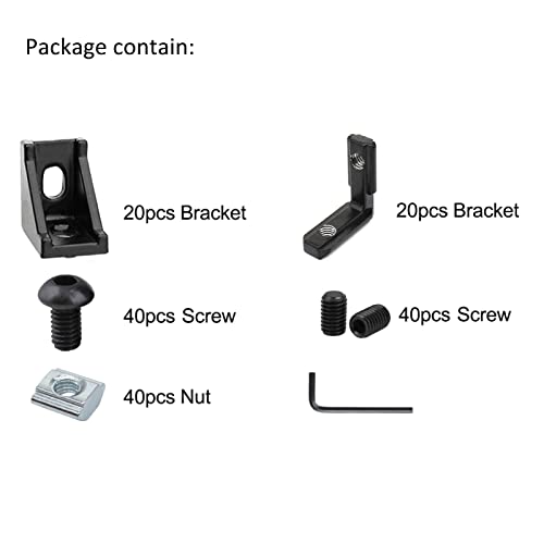 Image of 20 Set 2020 Series Aluminum Extrusion Corner Bracket with T Slot Nuts and Bolts Hardware, 20Pcs 20 Series Extruded Aluminum Profile Interior Connector for Black 2020 2040 T V Slot Accessories