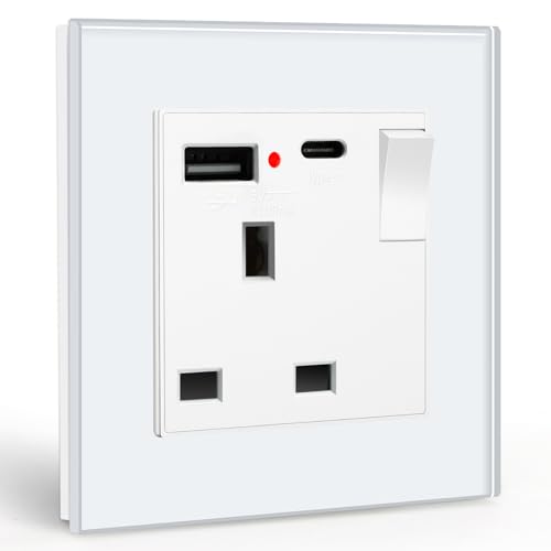 BSEED Single Switched Socket with USB C and USB A Charging Ports, UK Standard Electric Power Sockets with Glass Panel, 1 Gang Wall 13A Socket, White