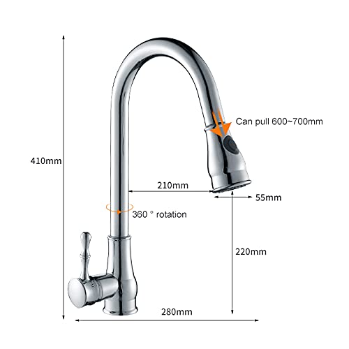 Grifo de Fregadero de Cocina para Bar, casa de Campo o Uso Comercial, Grifo extraíble, Mezclador de Agua fría y Caliente Crane Water Tap, Grifo Giratorio Cromado con Acabado de níq