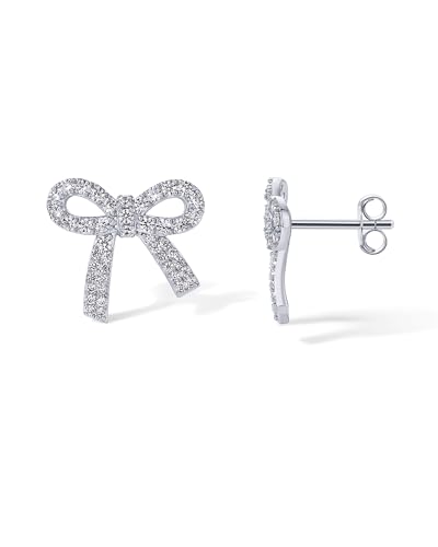 PAVOI Rhodium Plated Cubic Zirconia Bow Stud Earrings for Women | Coquette Earring Pair