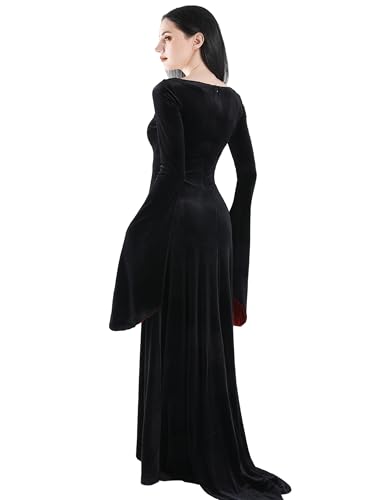 QRT Morticia Addams Costume, Women Velvet Maxi Dress,Vintage Gothic Witch Long Dress Halloween Family Cosplay Cocktail Party4