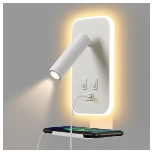 AWEKLIY LED-Innenwandleuchte, Nachttisch-Leselampe mit USB-Aufladung und Handy-Ablage, verstellbares Spotlicht mit Schalter, Schlafzimmer-Hotel-Ambientelicht (3W 3100K + 9W 6000K), Weiß