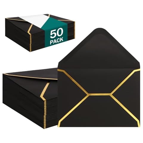 (50 Pack 5x7 Inch) Black Envelopes for Invitations with Gold Border, Self Adhesive A7 Envelopes with V-Flap, Great for Graduation, Invitation, Baby Shower, Wedding and RSVP Cards Cover