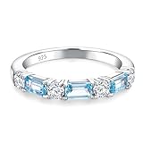 RANDES Aquamarine Anniversary Band Stackable March Birthstone Ring Emerald Cut 7 Stone Eternity Band Light Blue Gemstone Sterling Silver Ring Size 8