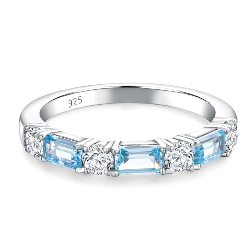 RANDES Aquamarine Ring Half Eternity Band 925 Sterling Silver March Birthstone Ring Wedding Band Light Blue Stone Anniversary Ring for Women Size 7