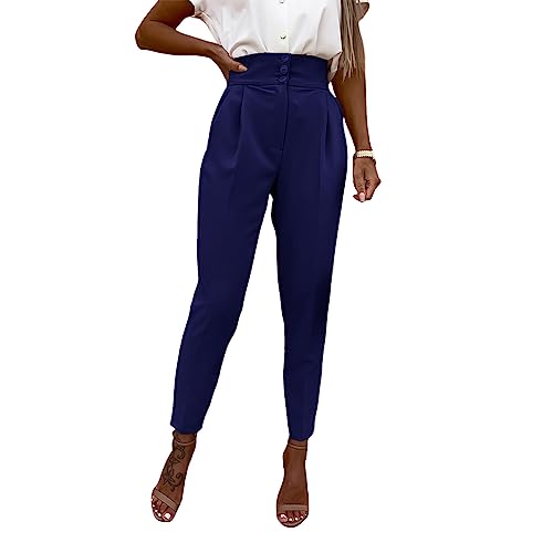 Cicy Bell Women Casual High Waisted Pants Straight Leg Work Office Dress Pants Fold Pleated Trousers with Pockets Navy