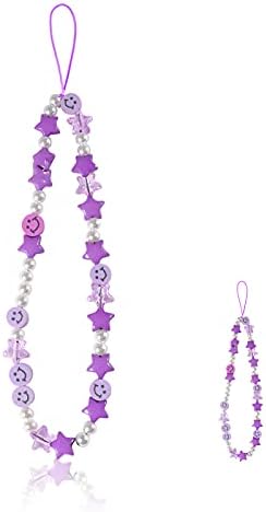 Phone Charm Lanyard, 1Pcs Smiley Face Beaded Phone Charm Strap Colorful Star Smiley Soft Ceramic Keychain for Women Girls