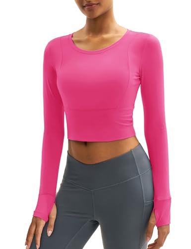 MAGCOMSEN Cropped Long Sleeve Tops for Women Slim Fit Workout Sport Exercise Running Shirt Fall Thumb Hole Rose Red L