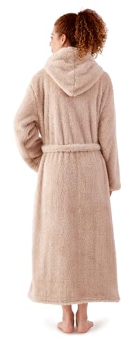 KORBLISS Robes for Women – Hooded Premium Womens Plush Soft Robe Fluffy, Warm, Fleece Sherpa Shaggy Bathrobe, Soft Warm Womens Robe with Pockets and Belt, Taupe, Large — view 4