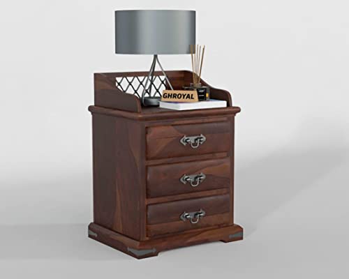 Image of Solid Sheesham Wood Bedside Table with 3 Drawer Storage End Table Sofa Side Table for Living Room Home and Office (Walnut Finish)