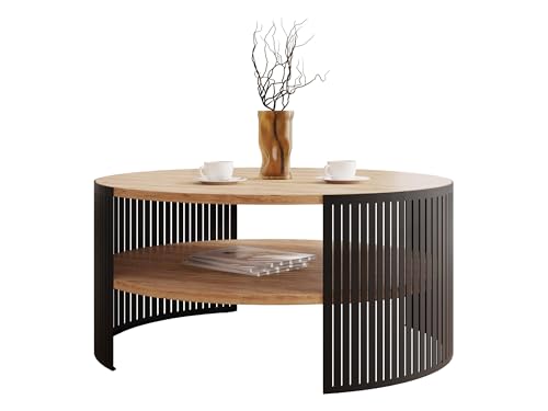 Mirjan24 Couchtisch mit Ablage Fahugin, Runde Form, Beine aus Metall, Kaffeetisch, Wohnzimmertische, Beistelltisch, Sofatisch, Teetisch (Eiche Craft Gold, Schwarz)