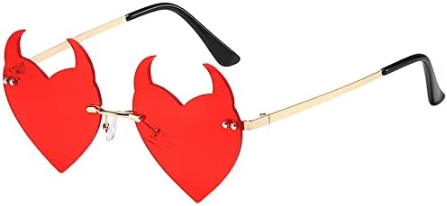 Junsika Rimless Devil Heart Sunglasses for Women Trendy Novelty Halloween Party Demon Horns Sunglasses UV400 Protection