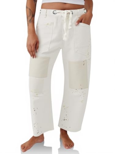 PLNOTME Womens Baggy Barrel Horseshoe Jeans Wide Leg Patchwork Low Rise Denim Pants with Pockets