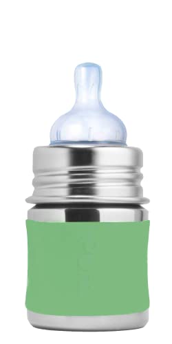 Image of Pura Kiki 5oz/150ml Stainless Steel Anti-Colic Infant Bottle w/Silicone Natural Vent Nipple & Sleeve, 100% Plastic-Free, MadeSafe Certified, Medical-Grade Silicone - Moss Sleeve