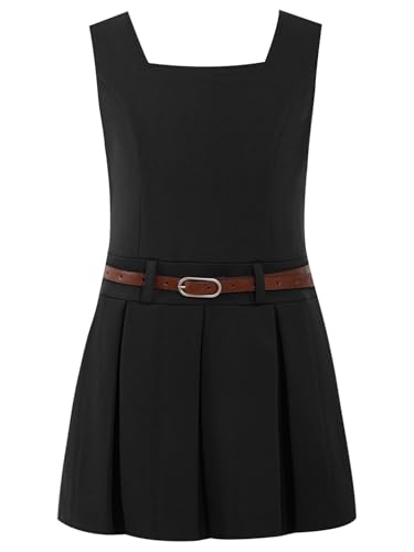 JEATHA Kids Girls School Uniform Jumper Dresses Summer Sleeveless V Back Solid Color Pleated Dress with Belt