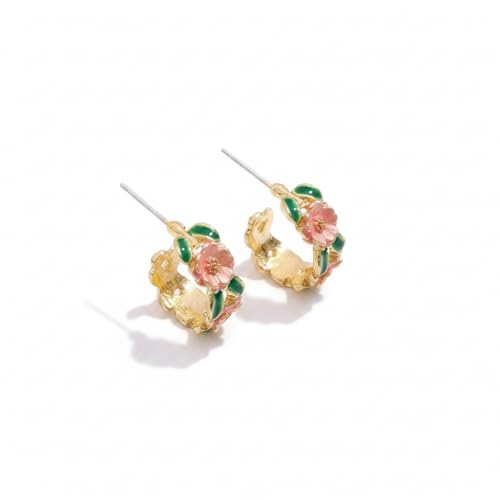 KuchhBhiKharido Gold-Plated Pink Camellia Floral Adjustable Open Band Ring with Green Enamel Leaves