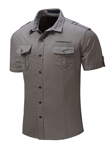 JadeRich Men's Tactical Cargo Shirts Short Sleeve Button Down Military Shirt Slim Fit2