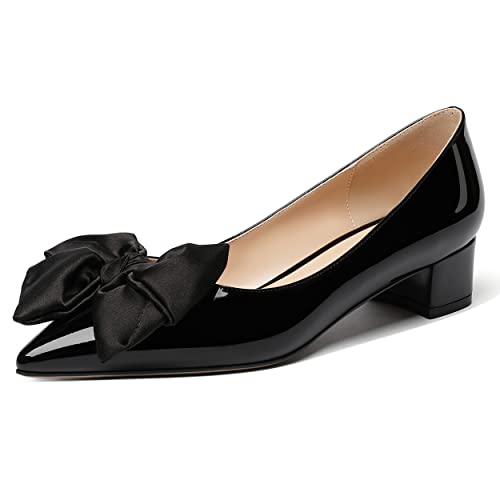 WAYDERNS Women's Pointed Toe Slip On Block Patent Bow Chunky Low Heel Pumps Shoes 1.5 Inch