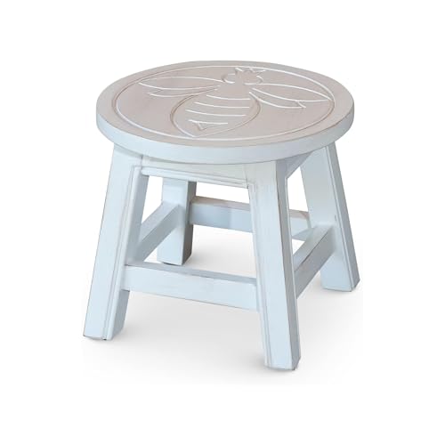 DTY Indoor Living Fairplay Carved Wooden Step Stool, Queen Bee, Antique White