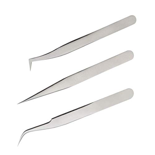 Tweezers for Eyelash Extensions by - AUMELO 3PCS Professional Stainless Steel Precision Eyelashes Lash Tweezers Set for Your Beauty - Steel Pointy Ends Meet Perfectly,Silver
